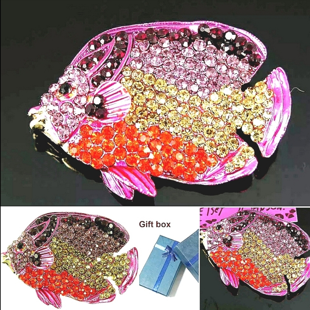 Gold Red Yellow Purple And Blue Crystal Angel Fish Pendant Brooch 28$